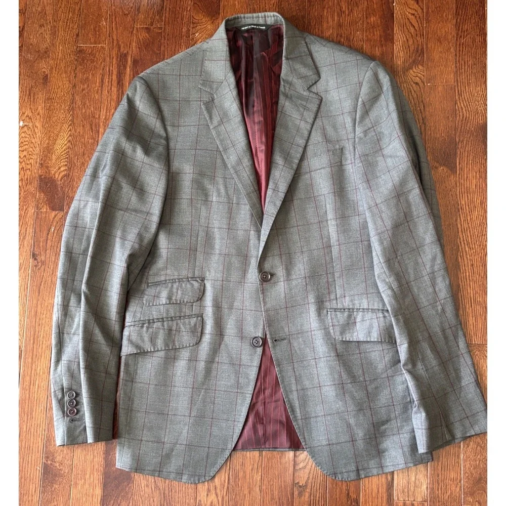 Coppley Grey Windowpane Suit Tollegno Super 120s Wool 42R W33x35 Made Canada
